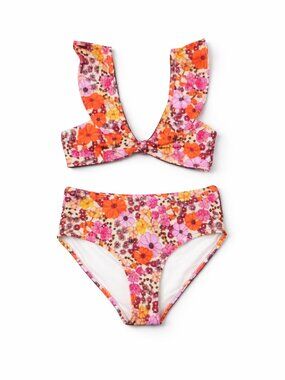 GB Girls Floral Bikini Size 10 Pink Orange Retro High Waisted 2 Piece